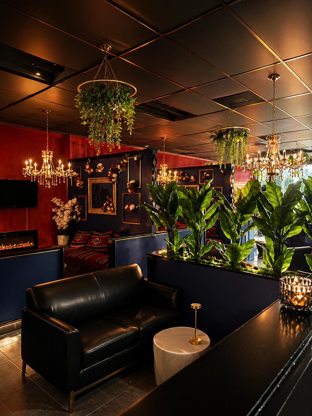 Red velvet lounge with floral framed walls